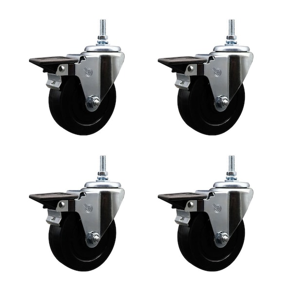 4 Inch Soft Rubber 12 MM Threaded Stem Caster Set with Brake